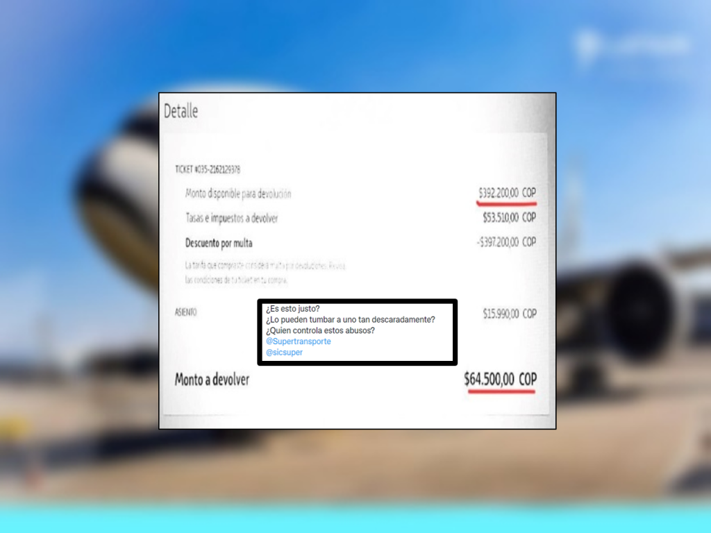 Pidió devolución de un tiquete que no pudo utilizar, pagó más de $394 mil y ahora le regresarán $65 mil