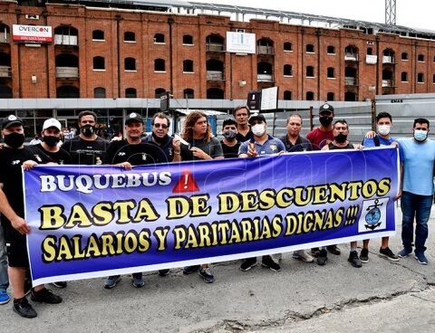 Buquebus maritime personnel protest at the terminal for union demands