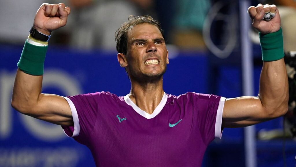 Spain's Rafael Nadal celebrates after defeating USA's Tommy Paul during their Mexico ATP Open 500 men's singles quarter-finals tennis match against  at the Arena GNP in Acapulco, Mexico, on February 24, 2022. (Photo by PEDRO PARDO / AFP)