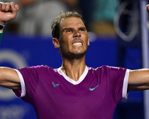 Spain's Rafael Nadal celebrates after defeating USA's Tommy Paul during their Mexico ATP Open 500 men's singles quarter-finals tennis match against  at the Arena GNP in Acapulco, Mexico, on February 24, 2022. (Photo by PEDRO PARDO / AFP)