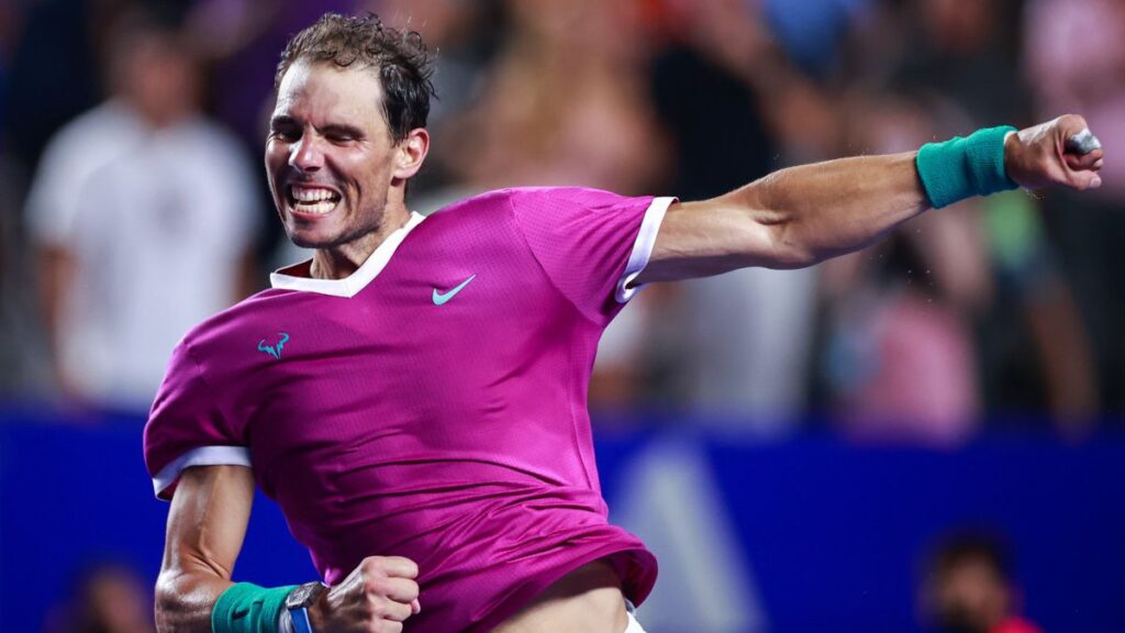 ACAPULCO, MEXICO - FEBRUARY 26: Rafael Nadal of Spain celebrates after winning the final match between Rafael Nadal of Spain and Cameron Norrie of Great Britain as part of the Telcel ATP Mexican Open 2022 at Arena GNP Seguros on February 26, 2022 in Acapulco, Mexico. (Photo by Hector Vivas/Getty Images)