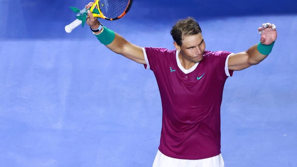 ACAPULCO, MEXICO - FEBRUARY 22: Rafael Nadal of Spain celebrates during a match between Rafael Nadal of Spain and Denis Kudla of the United States  as part of day 2 of the Telcel ATP Mexican Open 2022 at Arena GNP Seguros on February 22, 2022 in Acapulco, Mexico. (Photo by Hector Vivas/Getty Images)