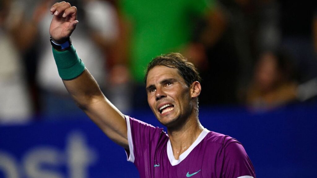 Spain's Rafael Nadal celebrates after defeating US Stefan Kozlov during their Mexico ATP Open 500 men's singles tennis match at the Arena GNP in Acapulco, Mexico, on February 23, 2022. (Photo by PEDRO PARDO / AFP)