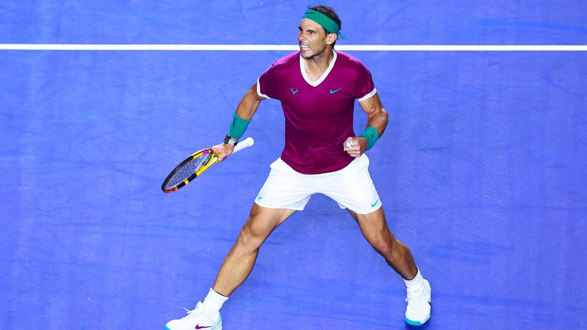 ACAPULCO, MEXICO - FEBRUARY 25: Rafael Nadal of Spain celebrates during a semfinal match between Daniil Medvedev of Russia and Rafael Nadal of Spain as part of day 5 of the Telcel ATP Mexican Open 2022 at Arena GNP Seguros on February 25, 2022 in Acapulco, Mexico. (Photo by Hector Vivas/Getty Images)