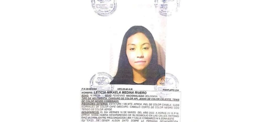 Oruro Prosecutor's Office orders arrest and red notice against a male accused of the disappearance of a teenager