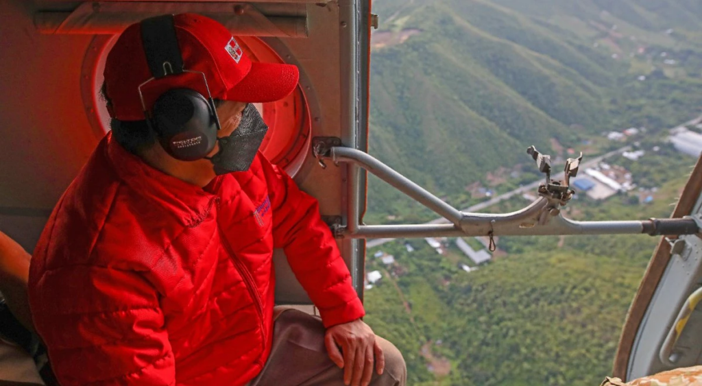 President Pedro Castillo flies over areas affected by heavy rains in Cajamarca