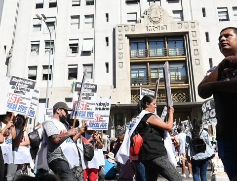 Protesters from left-wing organizations march towards Labor in downtown Buenos Aires