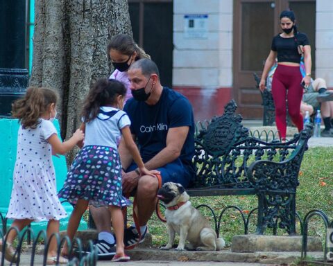 Un hombre junto a varias niñas y una mascota en un parque de La Habana. Foto: Otmaro Rodríguez.