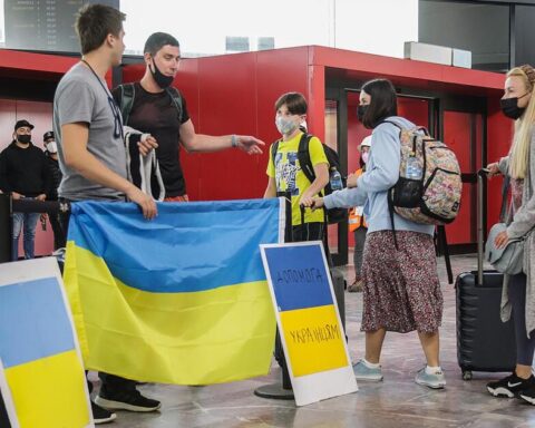 Ukrainian refugees are placed in a temporary shelter in Tijuana