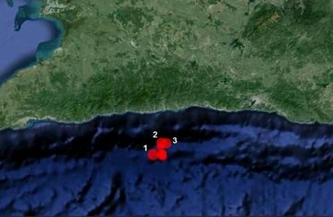 Localización de los tres sismos reportados en el oriente de Cuba, el 21 de mayo de 2020. Infografía: Enrique Diego Arango / Facebook.