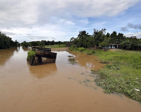 Río crecido en la localidad de San Juan y Martínez, en Pinar del Río, donde fueron más intensas las lluvias de los últimos días en Cuba. Foto: Ernesto Mastrascusa / EFE.