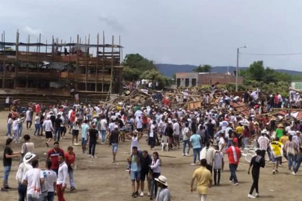 Four people died and more than 30 injured when a grandstand collapsed in Colombia