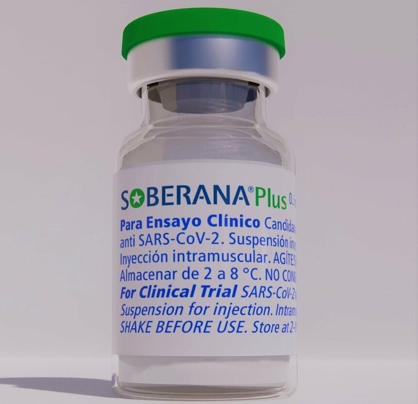 Frasco del fármaco cubano contra la COVID-19, Soberana Plus. Foto: @FinlayInstituto/Twitter.