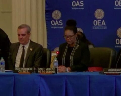 President Luis Abinader together with the OAS secretary, Luis Almagro, prior to his speech at the organization where he asked the international community to come to the aid of Haiti