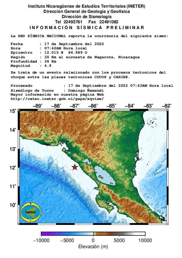 Magnitude 4.9 earthquake shakes the Pacific coast of Nicaragua, without damage