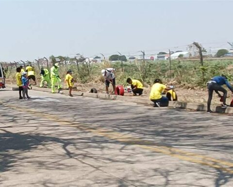 Neighbors clean the edge of the mesh of El Trompillo airport