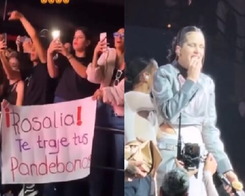 Rosalía eating pandebono at her concert in Bogotá