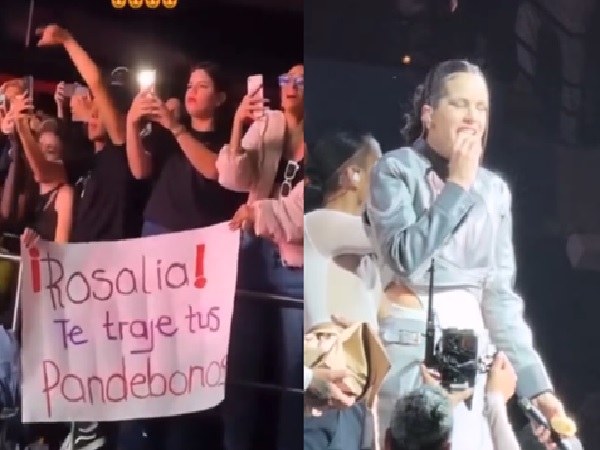 Rosalía eating pandebono at her concert in Bogotá