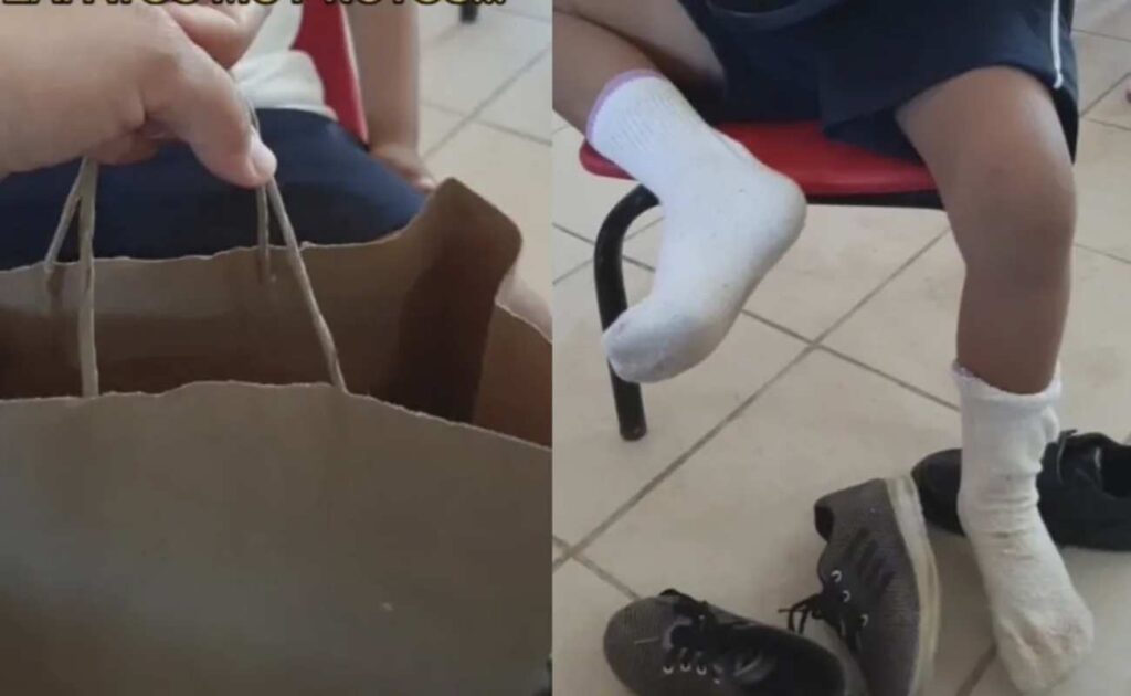 Teacher is moved by giving new shoes to a student who arrived with broken shoes