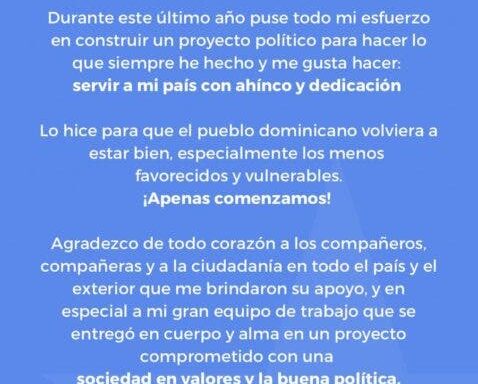 Statement from Margarita Cedeño congratulating her colleague Abel Martínez for his victory in the internal consultation of the PLD