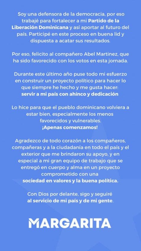 Statement from Margarita Cedeño congratulating her colleague Abel Martínez for his victory in the internal consultation of the PLD