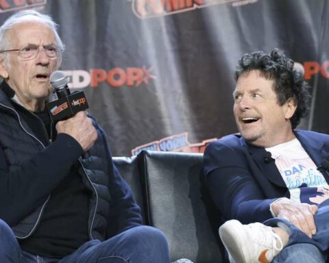 Emotional reunion between Christopher Lloyd and Michael Fox, stars of "Back to the Future"