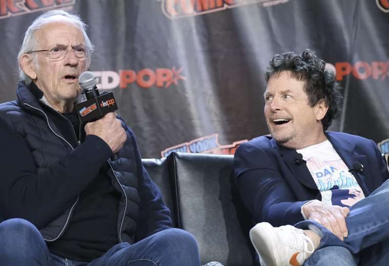 Emotional reunion between Christopher Lloyd and Michael Fox, stars of "Back to the Future"