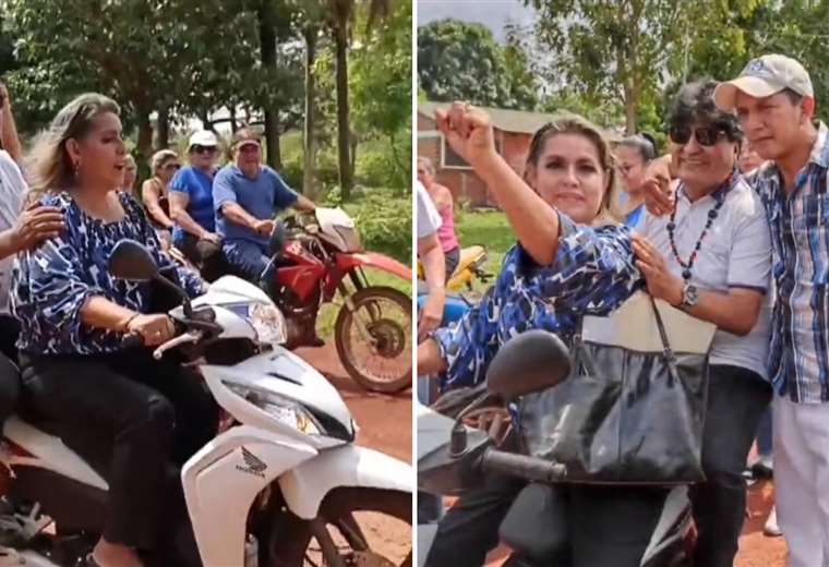 Evo rides a motorcycle with the mayor of San Joaquín, sister of Einar Lima Lobo