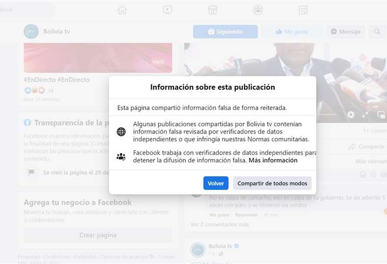 Facebook warns that Bolivia TV page shares "repeated false information"