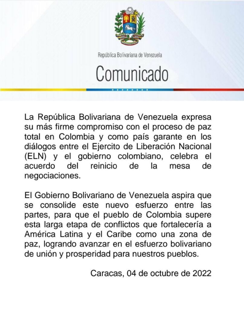 Venezuela supports the dialogue process in favor of Peace in Colombia