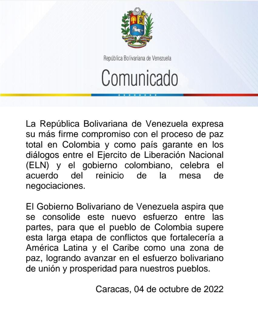 Venezuela supports the dialogue process in favor of Peace in Colombia