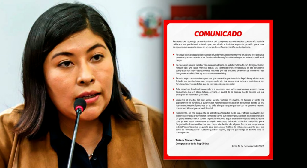 Betssy Chávez denies accusations and questions the Prosecutor's Office for investigating her based on "insinuations"