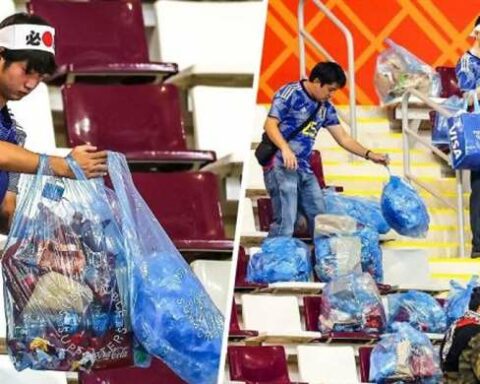 Japanese fans cleaned the stands after their team's victory over Germany