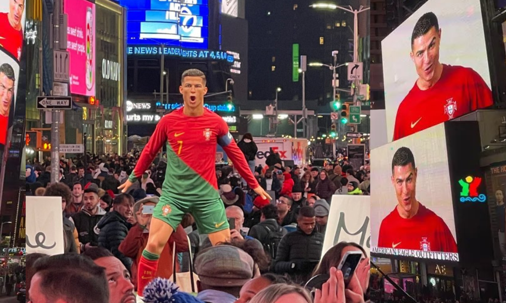 The Portuguese star surprised his fans in Time Square with a wax statue