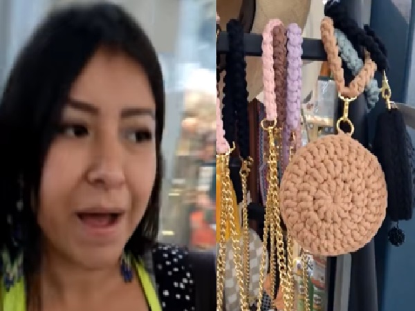 "The artisans are paid 30,000 and here they are sold for 160,000," a woman complains about "very expensive" rag bags at the Bogota airport