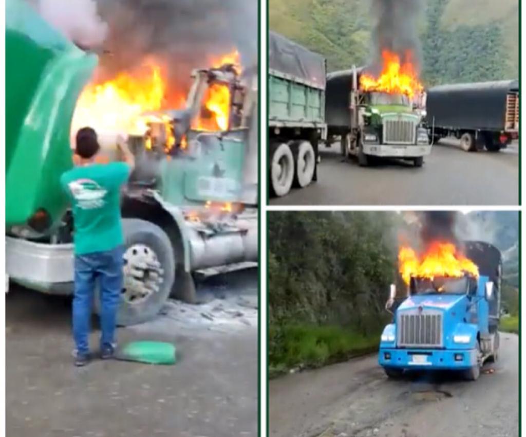 They report that they set fire to five tractor-trailers on a road in Norte de Santander