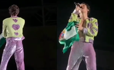 Harry Styles waves the Santa Cruz flag during his second night of concert in Brazil