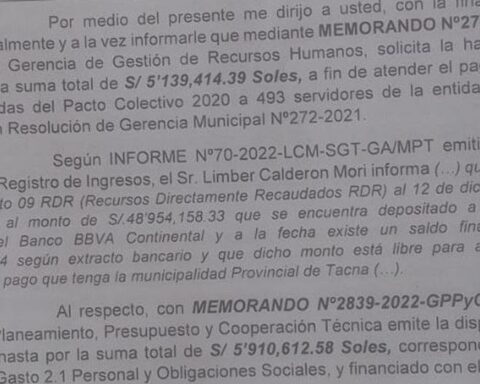 Tacna: They process payment of collective agreement debts with "intangible" money