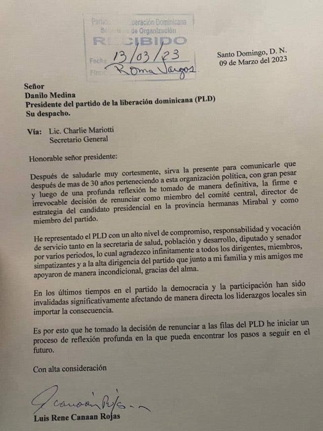 Letter sent by Luis René Canaán to the leadership of the PLD