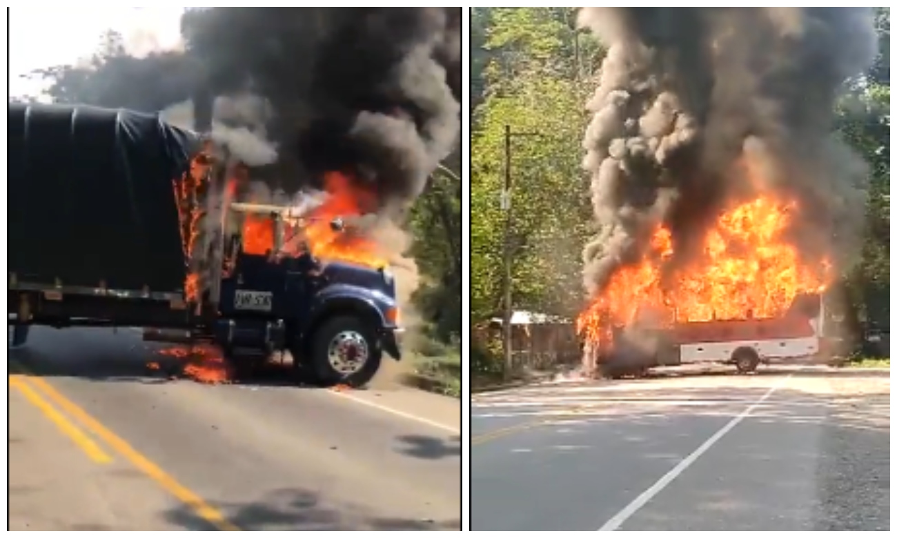 [Video] Mining strike: six vehicles burned on the roads of Antioquia "Peaceful protest?"