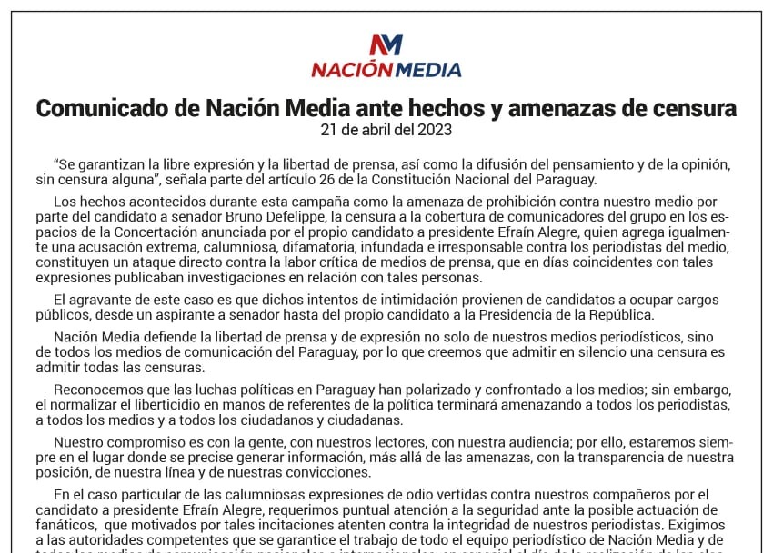 Communiqué from Nación Media regarding events and threats of censorship