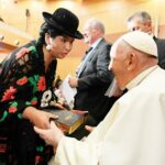 Eva Copa delivered a bible and an aguayo fabric to Pope Francis, after a meeting of eco-educational cities in Rome
