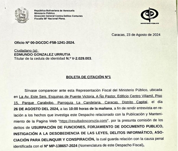 Public Ministry summoned former candidate González Urrutia for next Monday