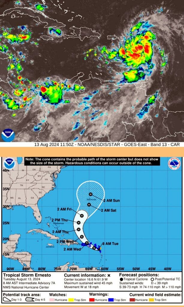 Tropical Storm Ernesto could become a hurricane on Wednesday