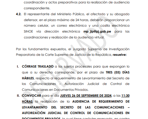 They request that the confidentiality of Juan José Santiváñez's communications be lifted due to audios with 'Culebra'