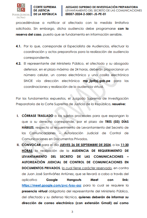 They request that the confidentiality of Juan José Santiváñez's communications be lifted due to audios with 'Culebra'