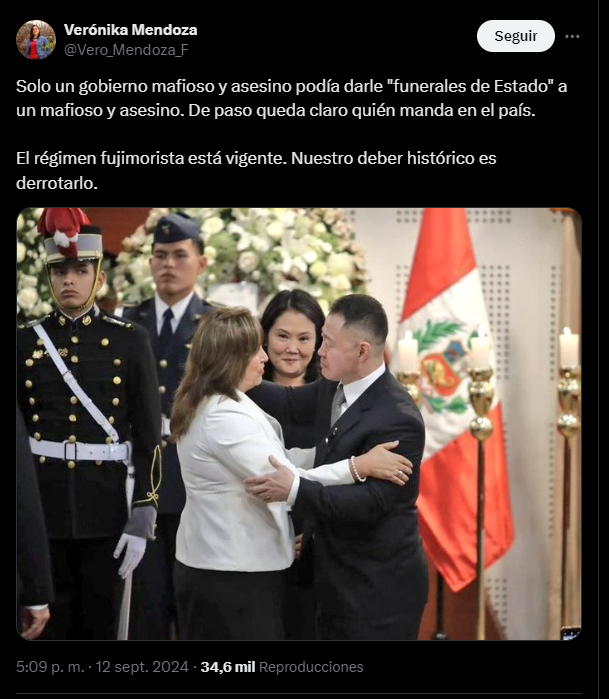 Verónika Mendoza to Dina Boluarte: "Only a mafia-like and murderous government could give Fujimori a state funeral"