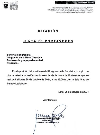 Congress: Eduardo Salhuana calls the Board of Spokespersons for this Monday, October 28