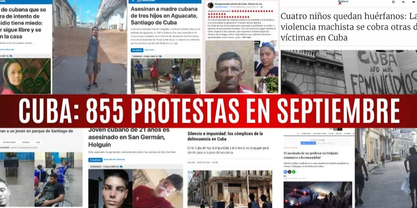 Collage de reportes de crímenes y protestas en septiembre de 2024 en Cuba