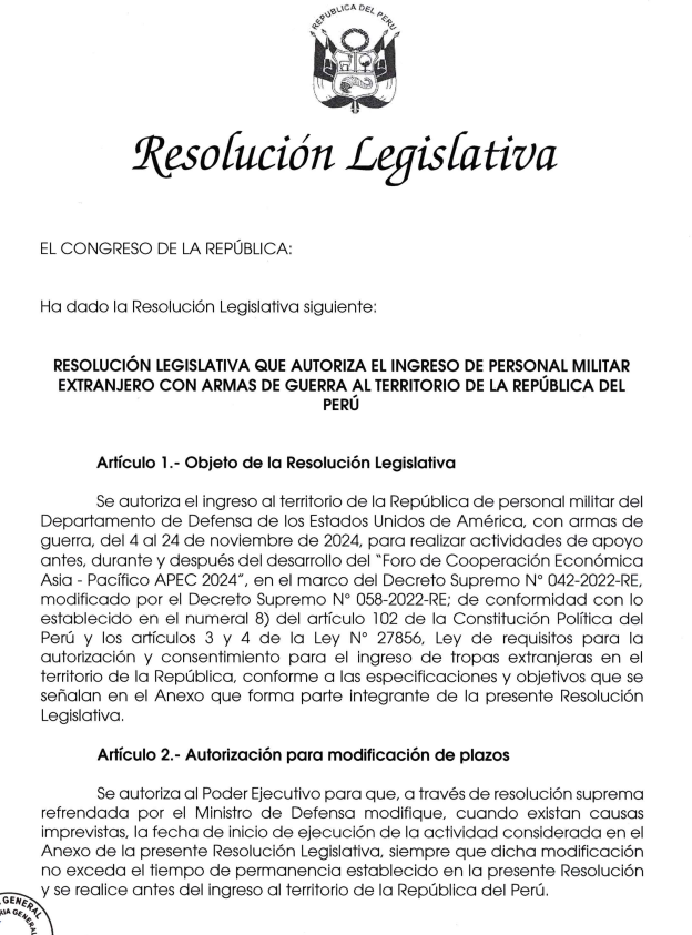 Dina Boluarte asks Congress to authorize the United States military to enter with weapons of war through APEC